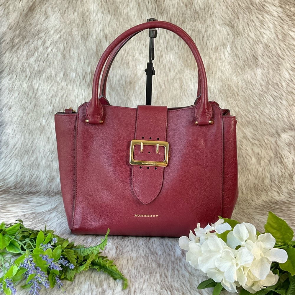 Burberry Soft Grain Medium Buckle Tote Parade Red
